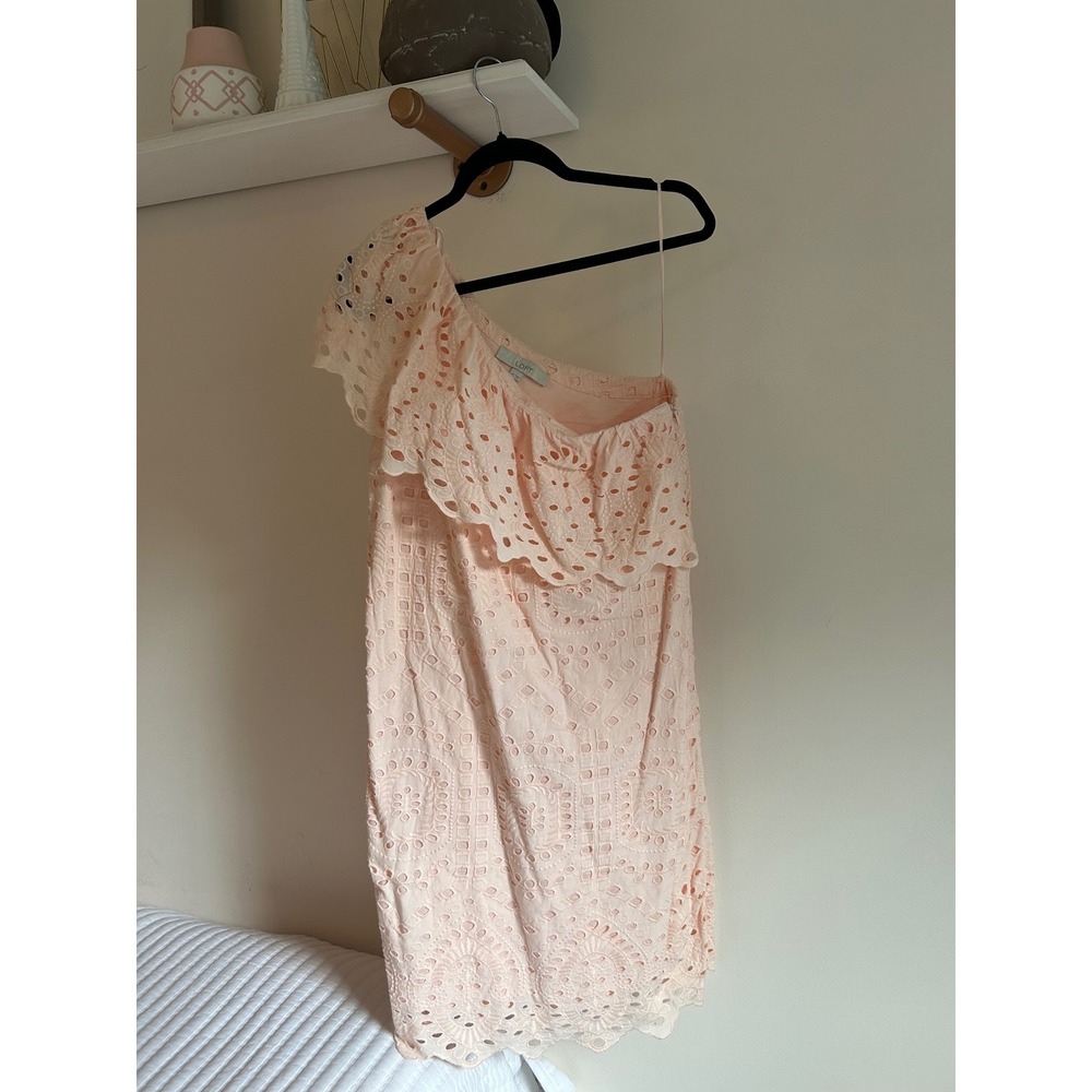 LOFT Pink Eyelet One‎ Shoulder Ruffle Dress - Party, Cocktail, Wedding Guest